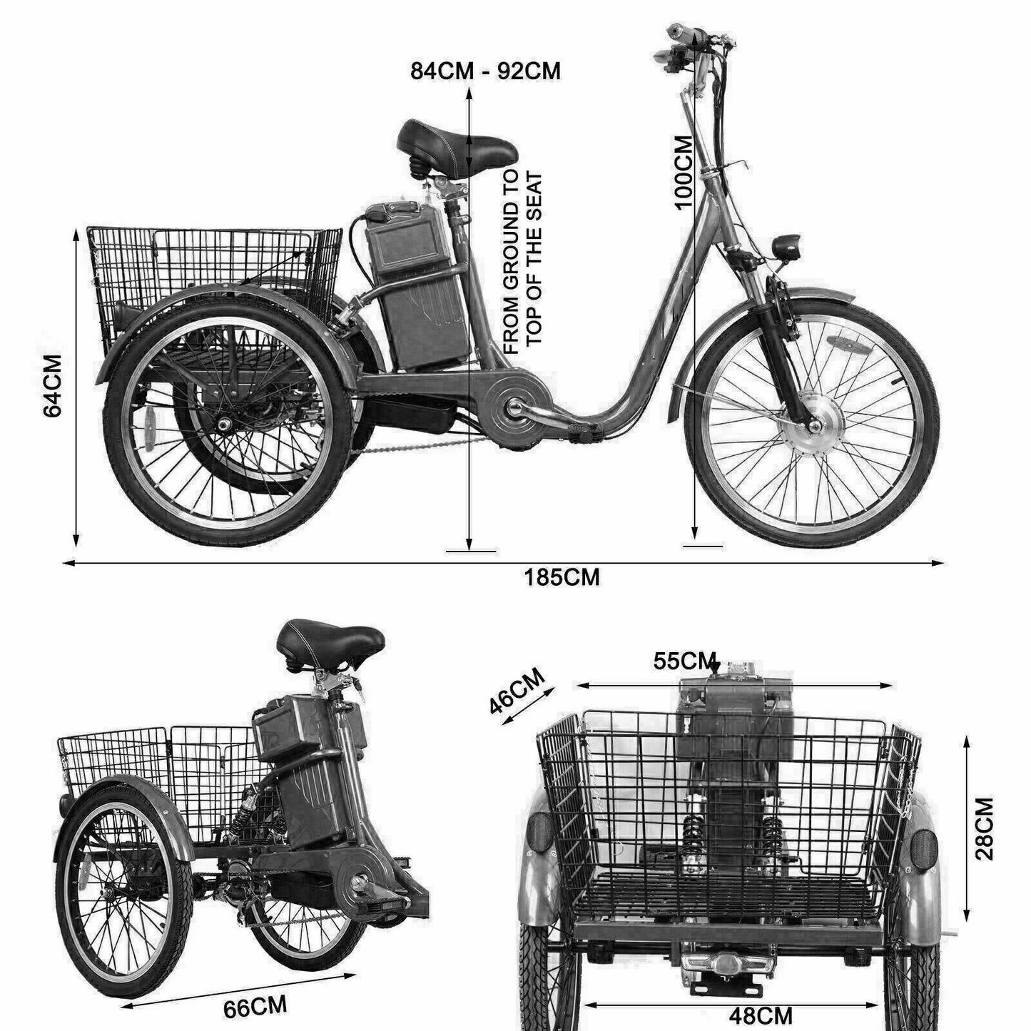 TDR Black Electric Tricycle 48V 250W 10AH with Basket Rear Rack Trolley