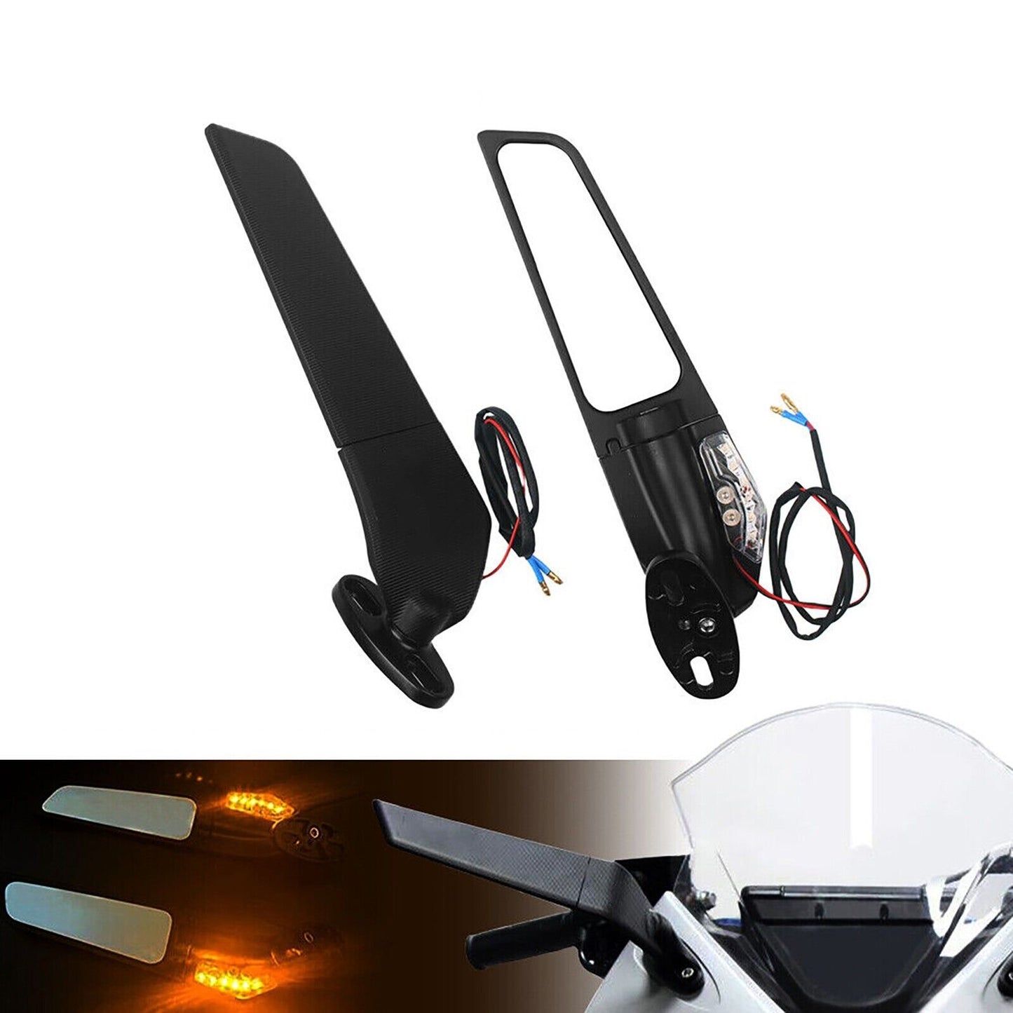 Motorcycle Rear View Side Mirrors Wind Swivel Wing + LED Indicators For Ducati Suzuki