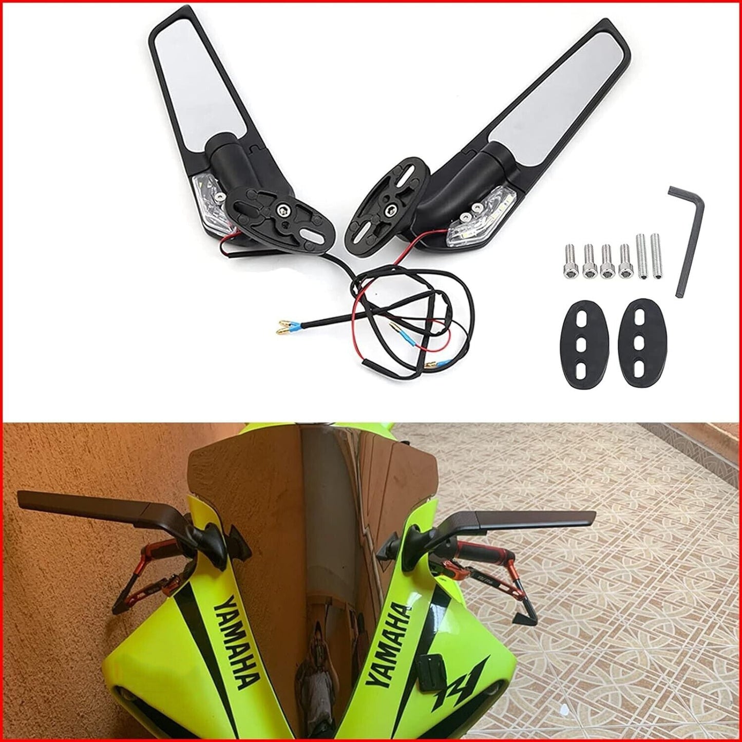Motorcycle Rear View Side Mirrors Wind Swivel Wing + LED Indicators For Ducati Suzuki
