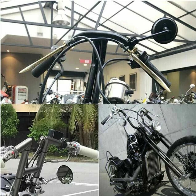 Motorcycle Cafe Racer Long Stem Black Clamp on 3" Round Mirror 22mm 7/8"- 1" Bar