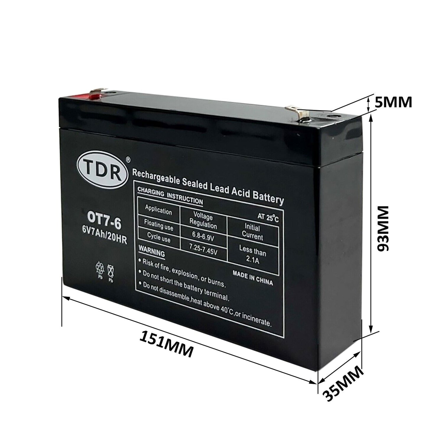 OT7-6 6V 7Ah SLA Sealed Lead Acid Rechargeable Battery F1/4.8mm Terminals