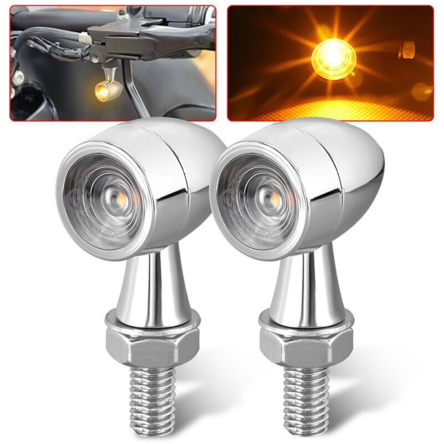 2x 8mm Amber Mini LED Indicators Turn Signal Blinkers Vintage Billet Type