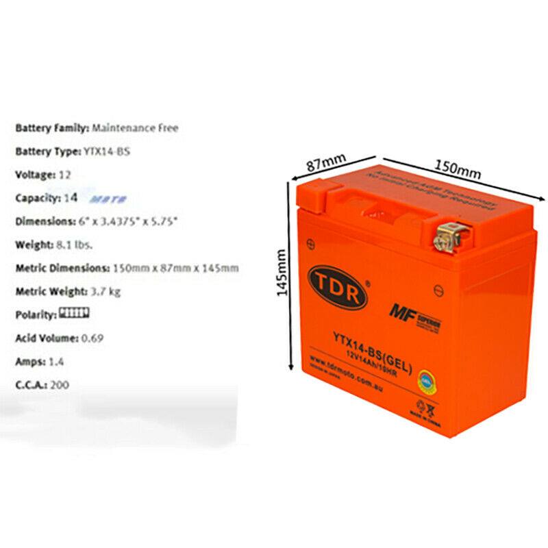 YTX14-BS Motorcycle Motocross 12v 14AH 200CCA GEL Sealed AGM Battery Motorcycle - TDRMOTO