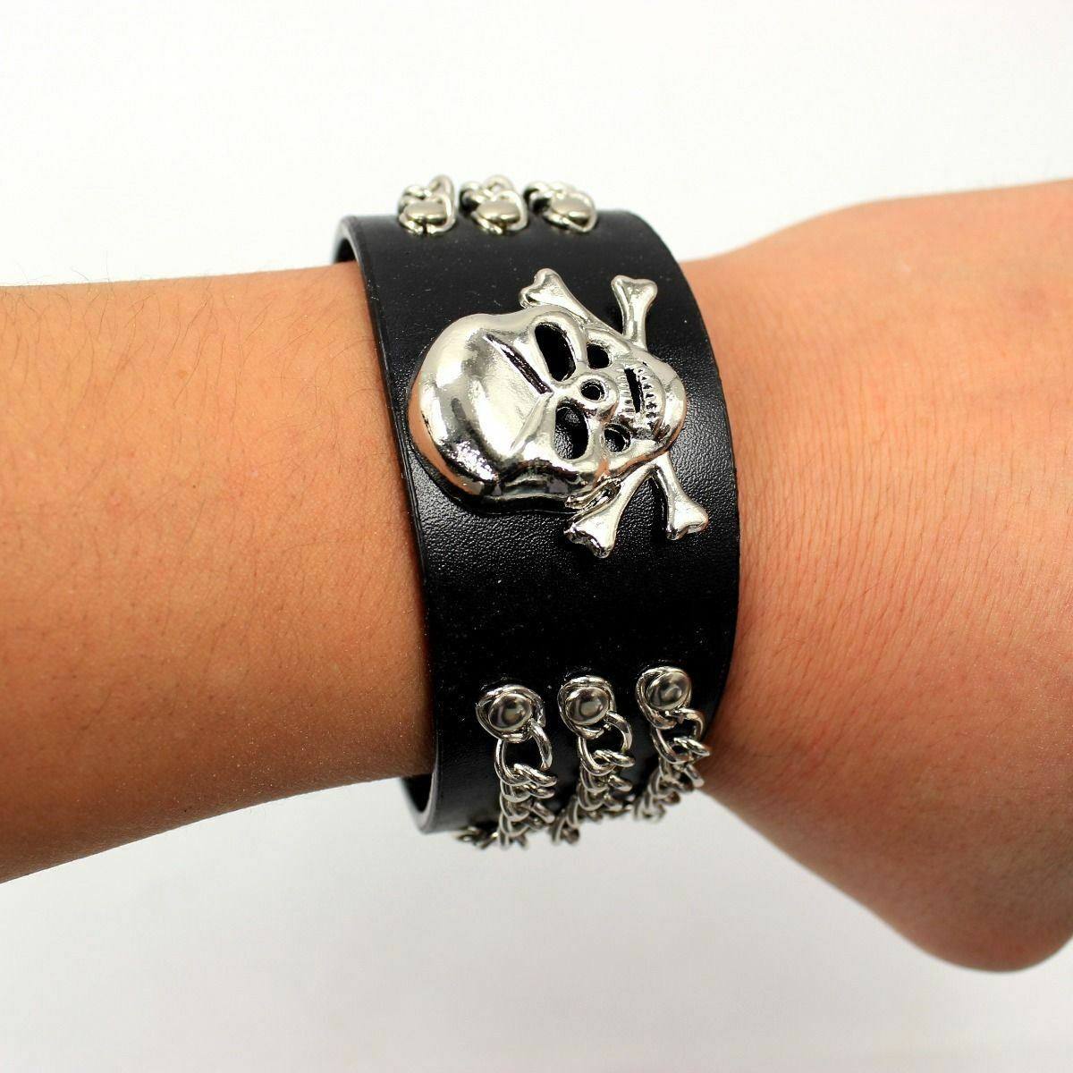 PU Leather Black Band Gothic Skull Head Bracelet Punk Rock Wristband Bangle - TDRMOTO