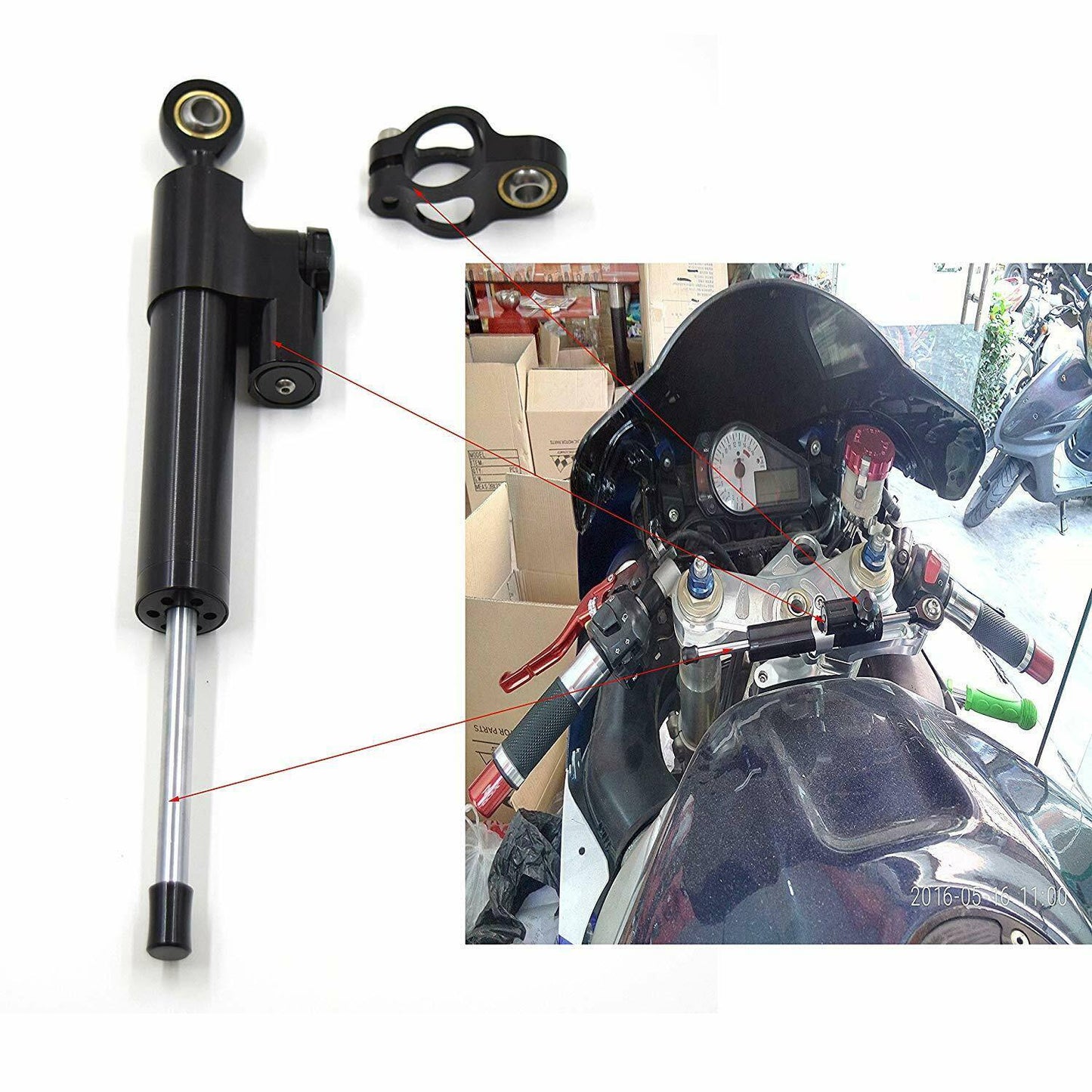 Black CNC Steering Damper Motorcycle Linear Stabilizer Reversed Safety Control - TDRMOTO