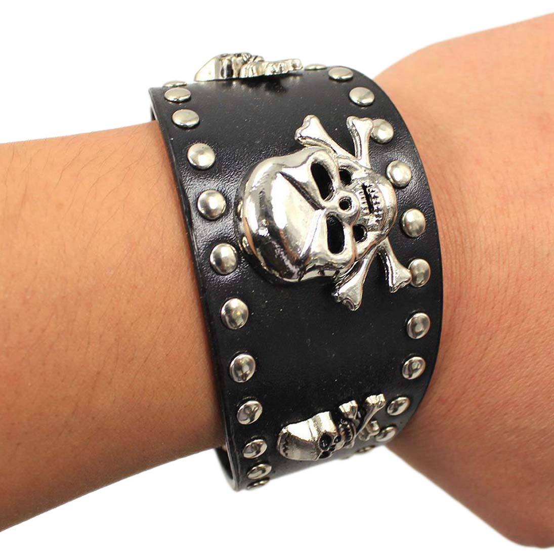 Men Women Teenager Black leather Skull Stud Strap Wrist Band Cuff Punk - TDRMOTO