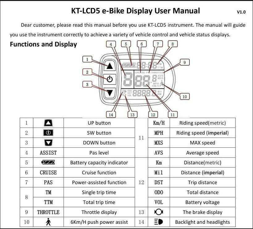 KT-LCD5 LCD Panel Display Intelligent Control for 24V 36V 48V Electric Bike E-Bike Ebike Electric Scooter E-Bicycle - TDRMOTO