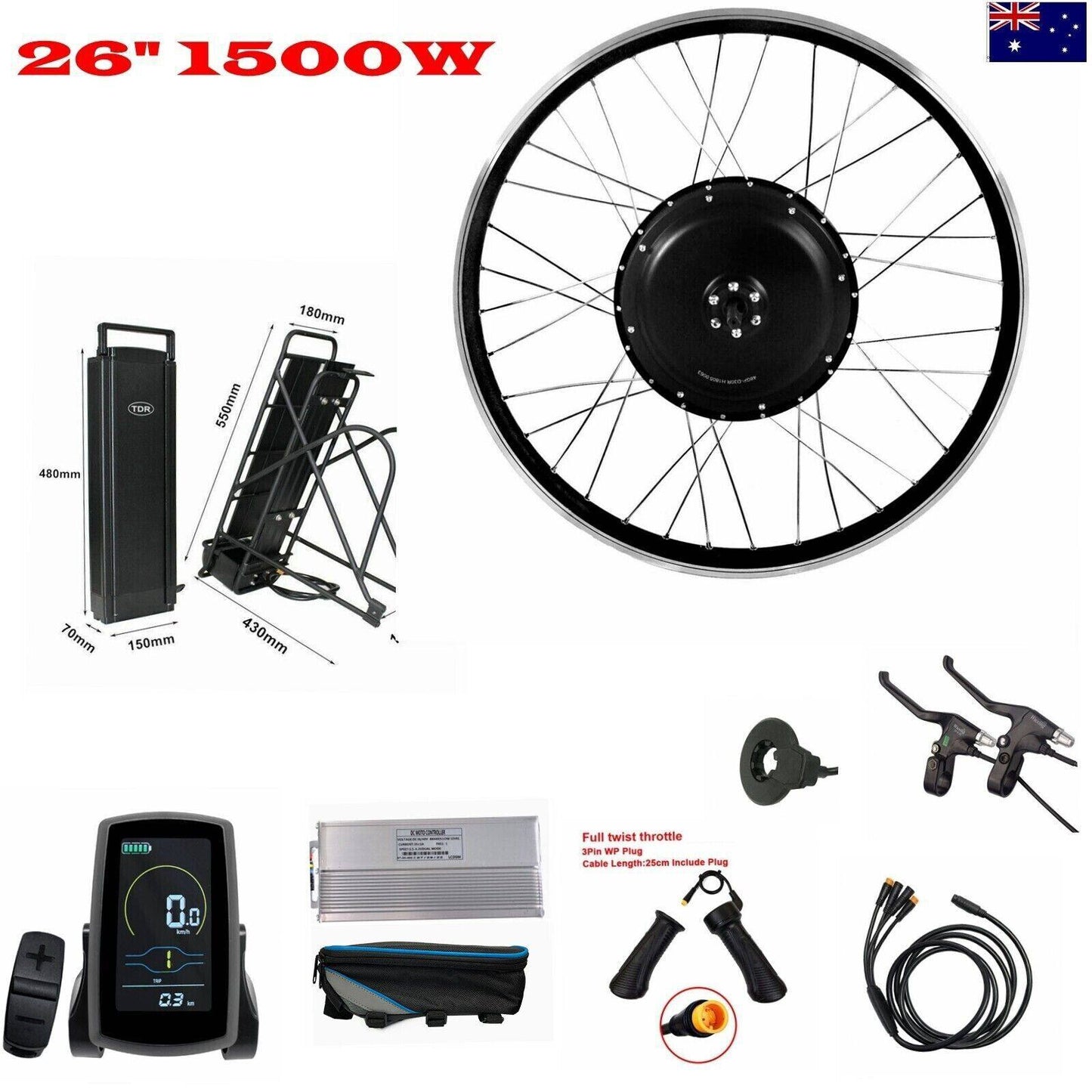 1500W 26" Rear Hub 48V 15Ah Rear Rack Battery Electric Bike Conversion Kit - TDRMOTO