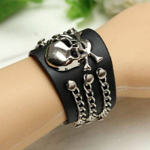 PU Leather Black Band Gothic Skull Head Bracelet Punk Rock Wristband Bangle - TDRMOTO