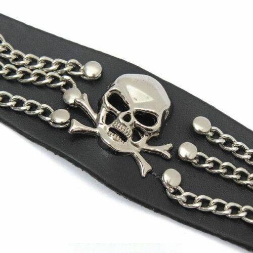 PU Leather Black Band Gothic Skull Head Bracelet Punk Rock Wristband Bangle - TDRMOTO