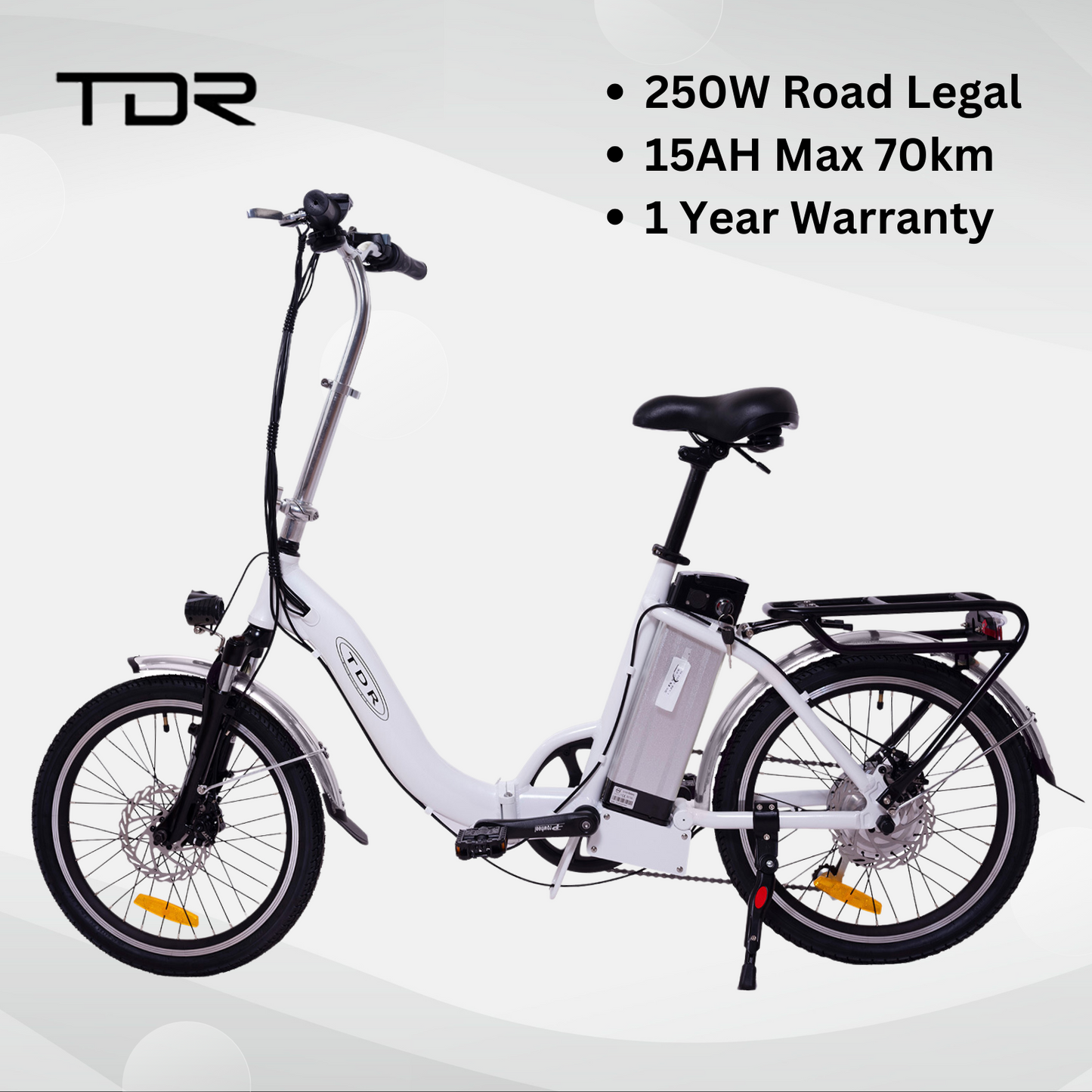 TDR 250W 20" Step-Through White Folding Electric Bike eBike Pedal Assist 10Ah/15Ah Battery