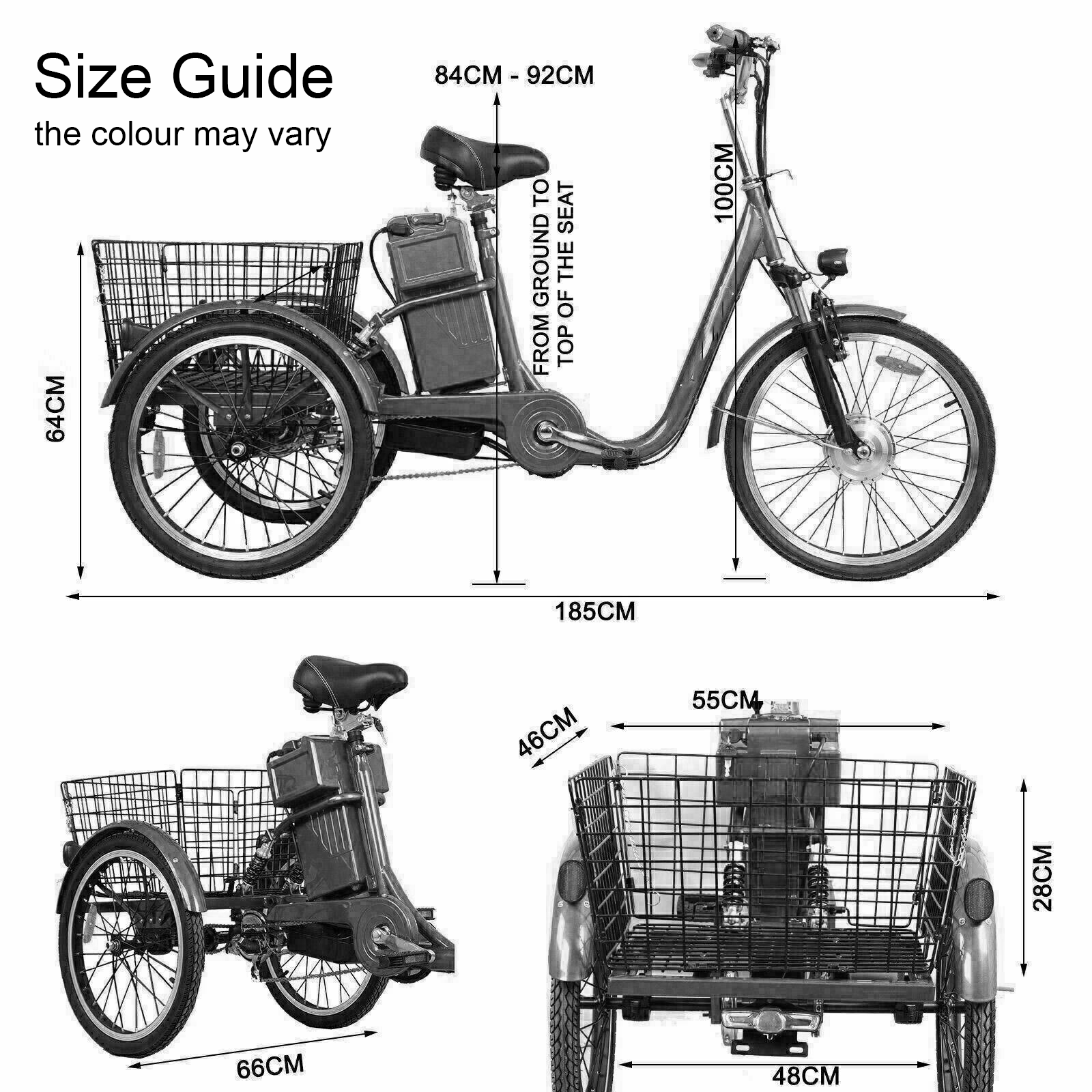 TDR Black Electric Tricycle 48V 250W 10AH with Basket Rear Rack Trolley - TDRMOTO
