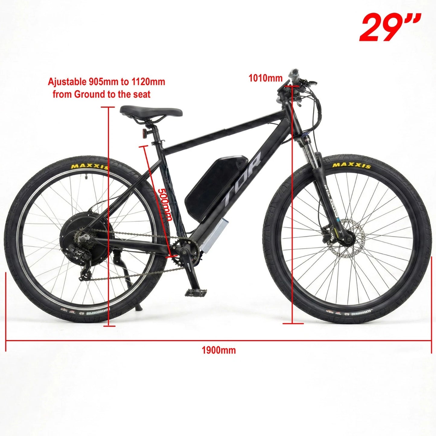 1500W TDR Mountain Electric Bike 29" Downtube Battery Black Frame