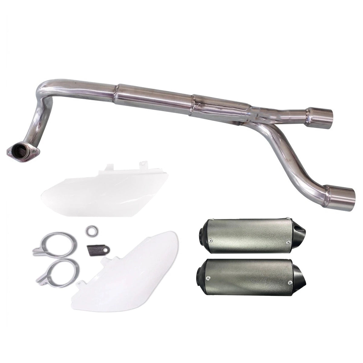 Silver Big Bore Dual Exhaust Muffler CRF50 STYLE Atomik Pitpro Thumpstar DHZ