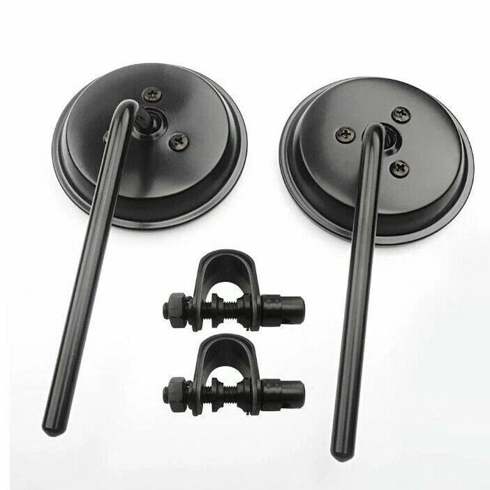 Motorcycle Cafe Racer Long Stem Black Clamp on 3" Round Mirror 22mm 7/8"- 1" Bar