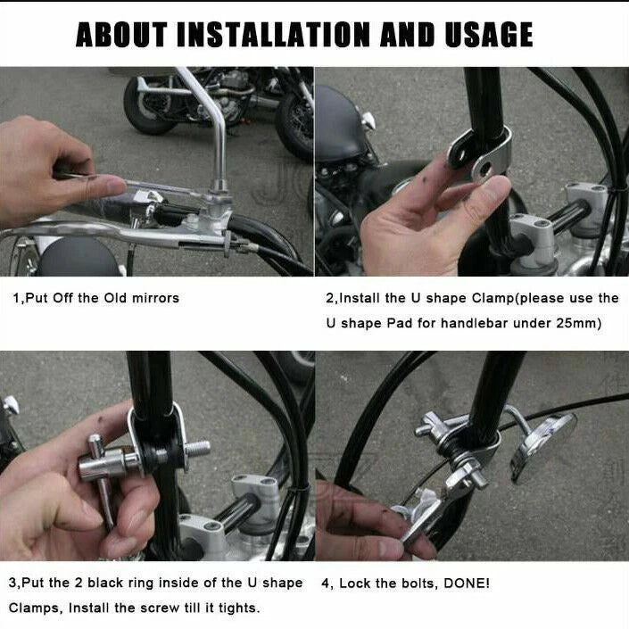 Motorcycle Cafe Racer Long Stem Black Clamp on 3" Round Mirror 22mm 7/8"- 1" Bar