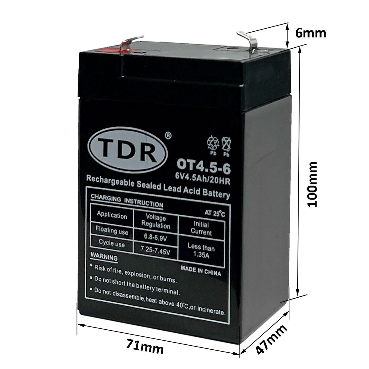 6V 4.5Ah SLA Battery to suit Rechargeable Fans & Power Packs - TDRMOTO
