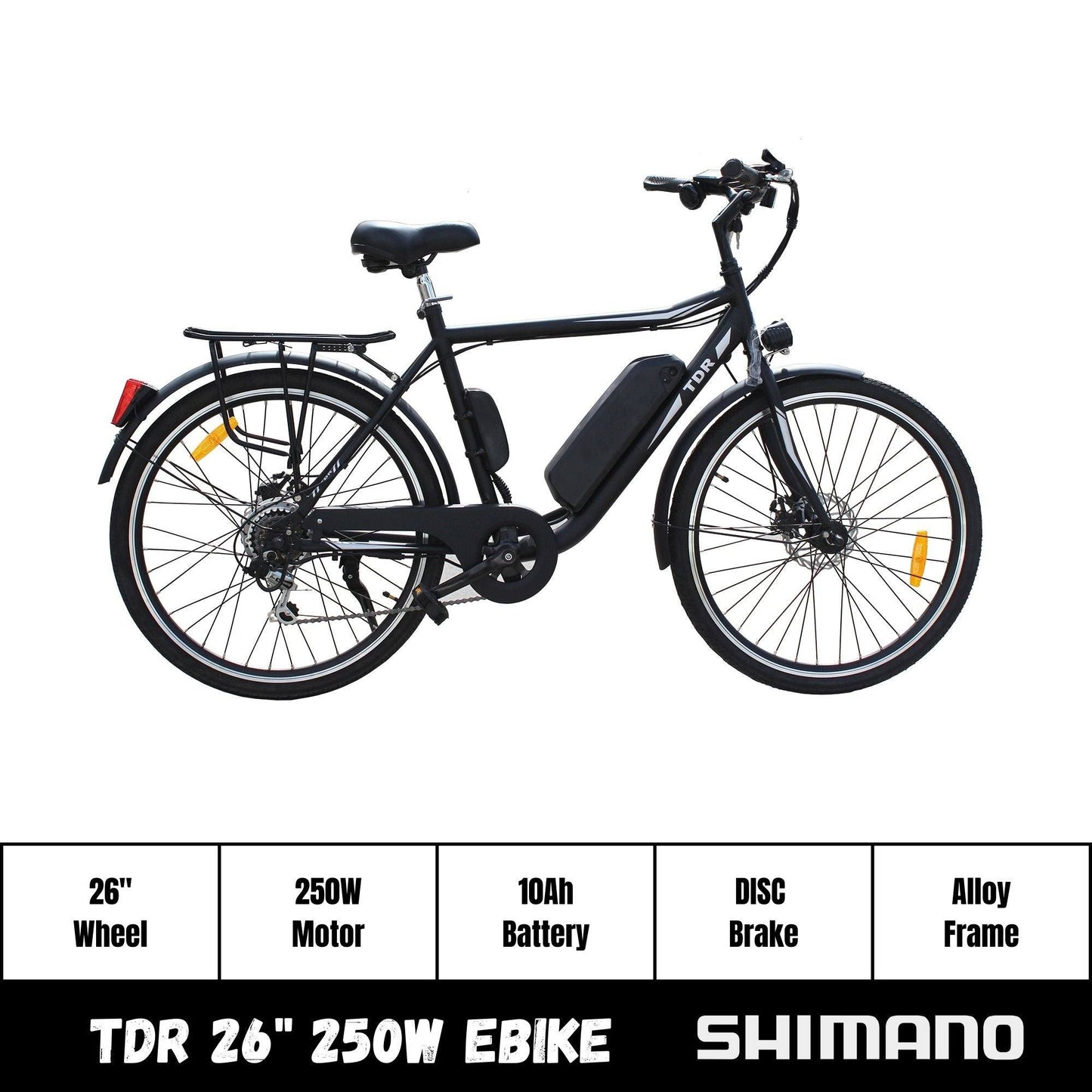 TDR 250W 26" Road City Tour Electric Bike  Bicycle 36V 10Ah Battery Shimano Gear 6 Speed Motorised - TDRMOTO