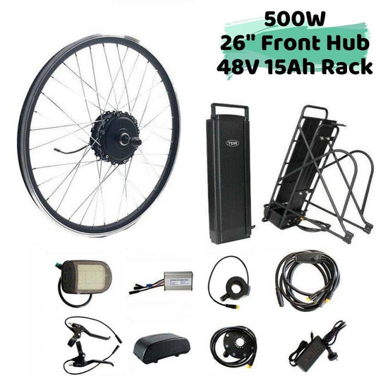 500W 26" Front Hub 48V 15Ah Rear Rack Battery Electric Bike Conversion Kit - TDRMOTO