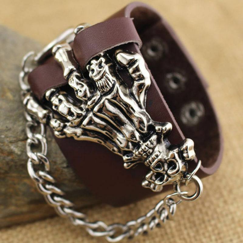 Gothic Cool Men's Punk Biker Skull Ghost Hand Cuff Leather Bracelet Wristband - TDRMOTO