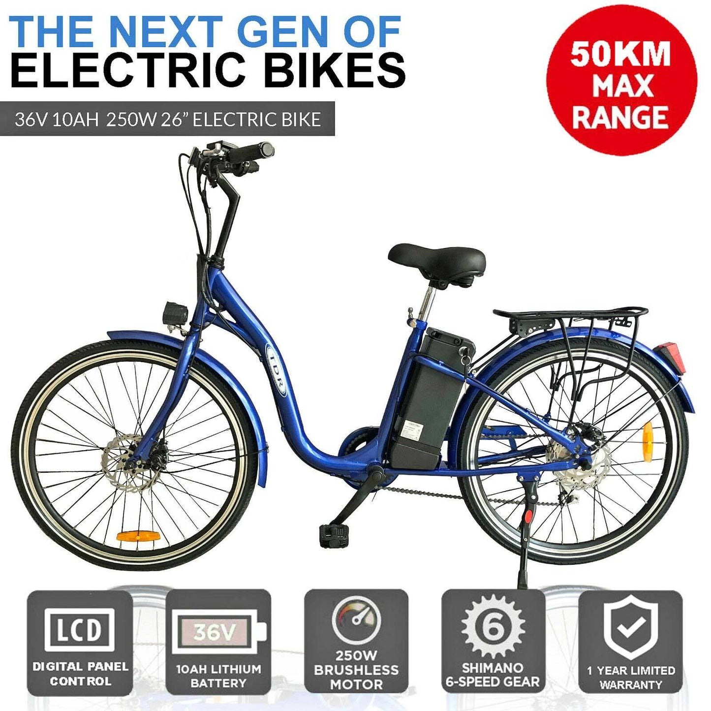 TDR 250W 26" Blue Electric Bike with 10Ah Lithium Ion Battery - TDRMOTO