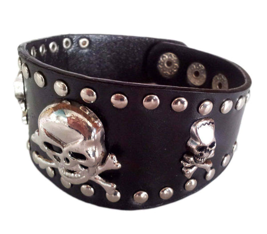 Men Women Teenager Black leather Skull Stud Strap Wrist Band Cuff Punk - TDRMOTO