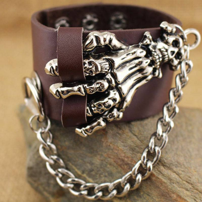 Gothic Cool Men's Punk Biker Skull Ghost Hand Cuff Leather Bracelet Wristband - TDRMOTO