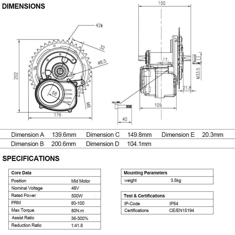 Electric Bike Conversion Kit 500W TongSheng TSDZ2 Mid Drive 48V 13Ah - TDRMOTO