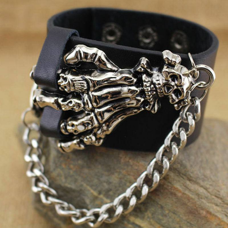 Gothic Cool Men's Punk Biker Skull Ghost Hand Cuff Leather Bracelet Wristband - TDRMOTO