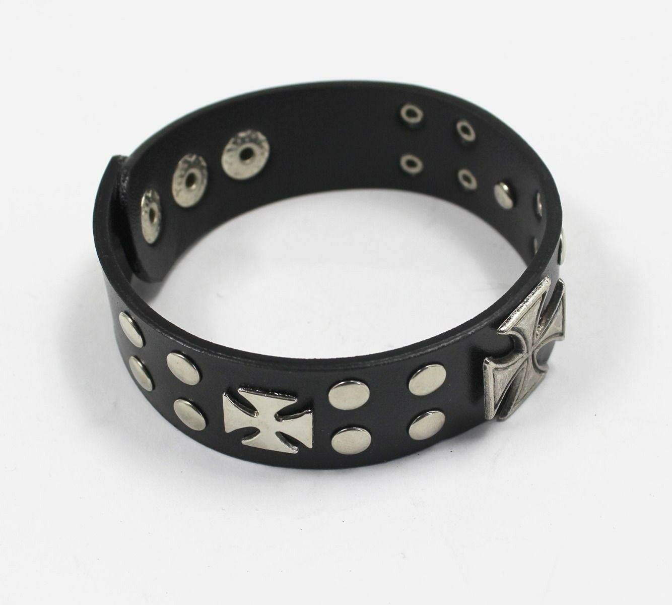 Men Women Boy Girl Biker leather bracelet wrist band wristband BLACK 3 Cross - TDRMOTO