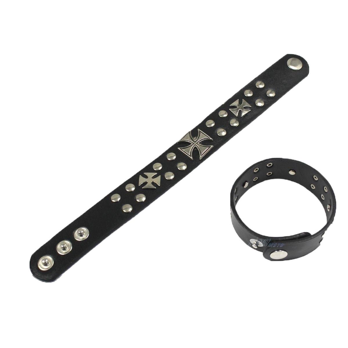 Men Women Boy Girl Biker leather bracelet wrist band wristband BLACK 3 Cross - TDRMOTO