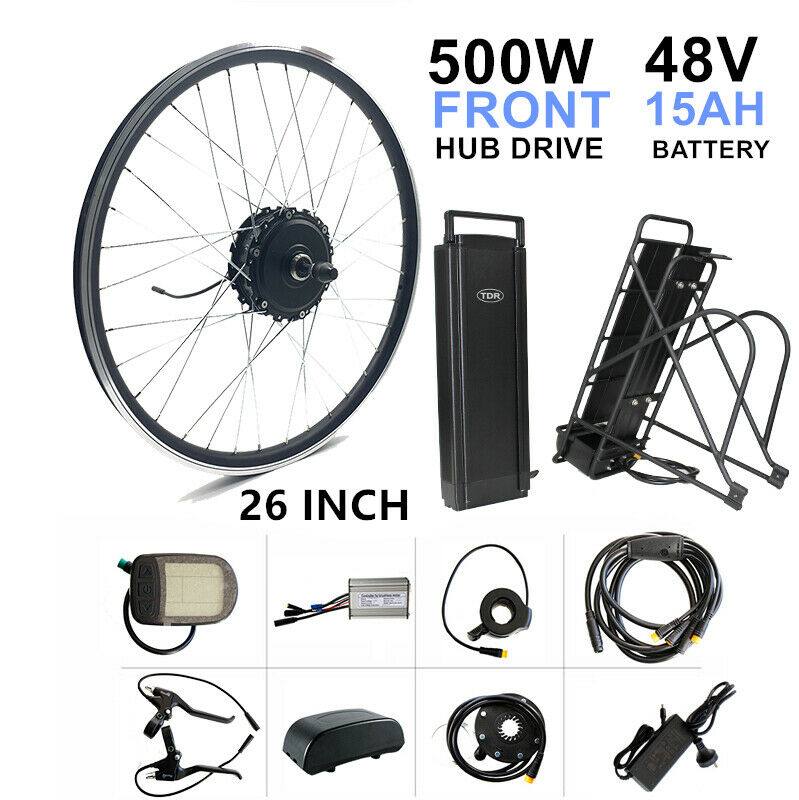 500W 26" Front Hub 48V 15Ah Rear Rack Battery Electric Bike Conversion Kit - TDRMOTO