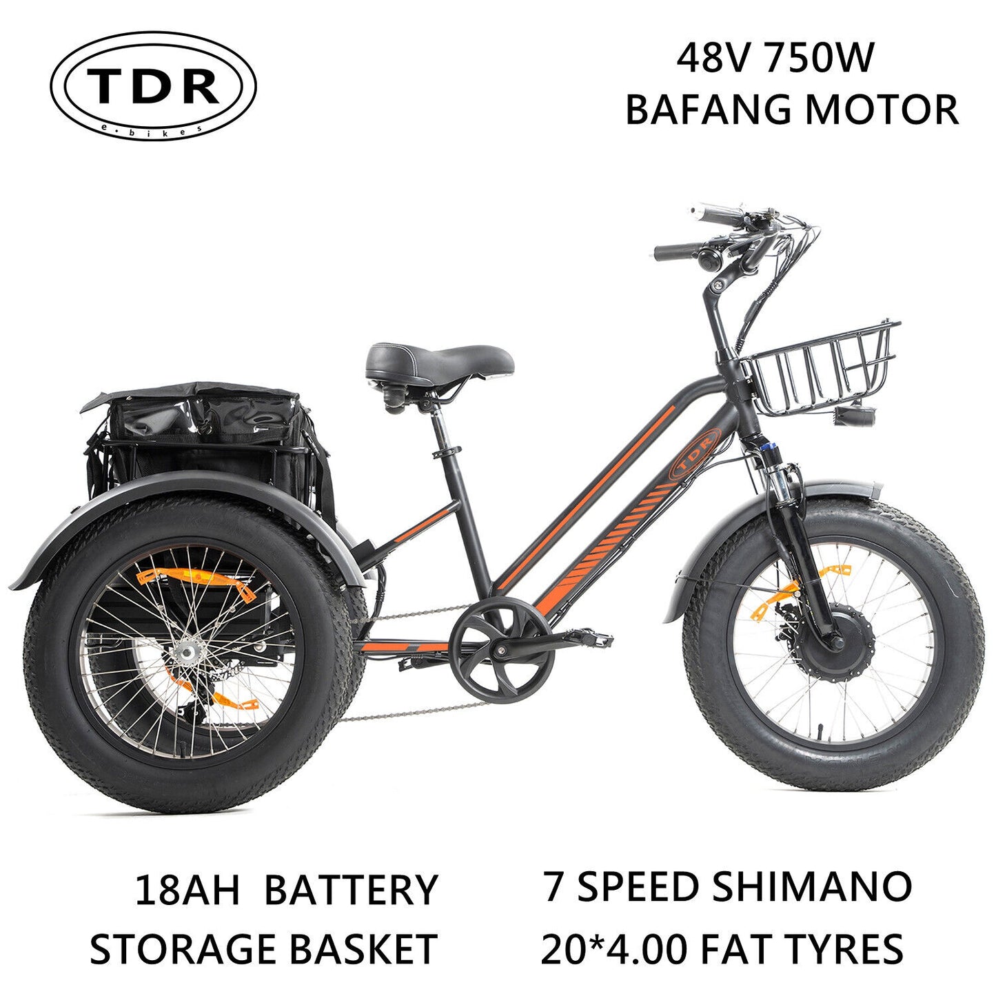 750W Fat Tyre Electric Tricycle Bafang Motor 7 Speeds Shimano Rear Rack Basket Trolley