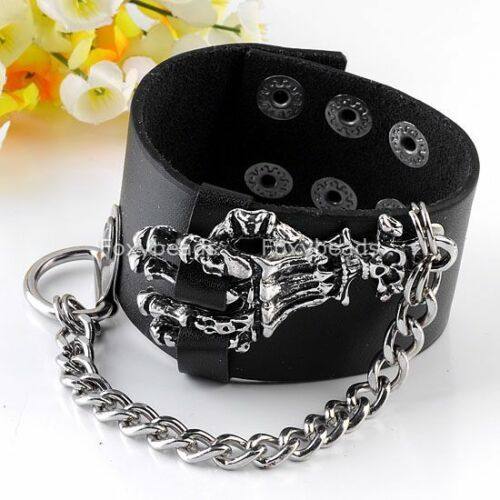 Gothic Cool Men's Punk Biker Skull Ghost Hand Cuff Leather Bracelet Wristband - TDRMOTO