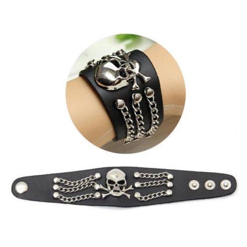 PU Leather Black Band Gothic Skull Head Bracelet Punk Rock Wristband Bangle - TDRMOTO