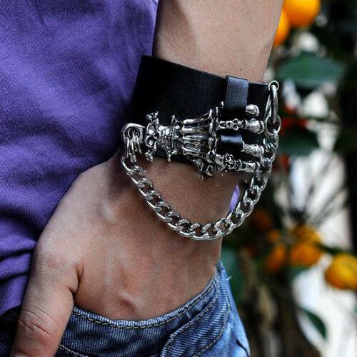 Gothic Cool Men's Punk Biker Skull Ghost Hand Cuff Leather Bracelet Wristband - TDRMOTO